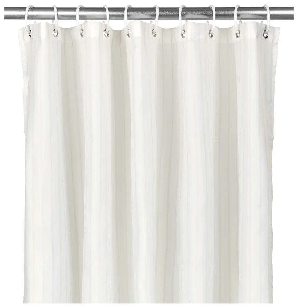 Hvid badeforhæng med diskrete lodrette striber, lavet af vandafvisende stof. Har forstærkede metaløjer til kroge, hvilket giver holdbarhed og et rent, moderne udseende til badeværelset.