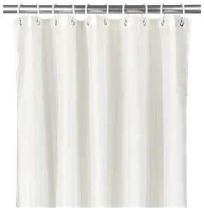 Hvid badeforhæng med diskrete lodrette striber, lavet af vandafvisende stof. Har forstærkede metaløjer til kroge, hvilket giver holdbarhed og et rent, moderne udseende til badeværelset.