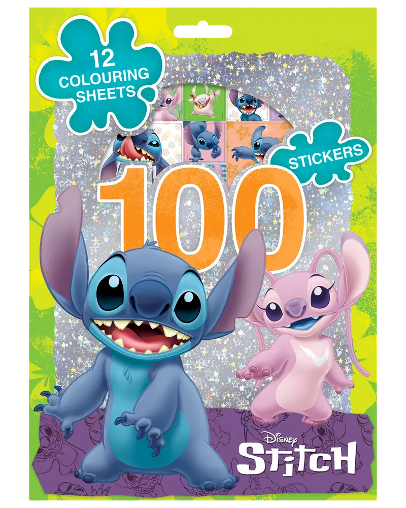 Disney Stitch aktivitetsbok med 12 målarblad och 100 klistermärken. Färgglada bilder av Stitch och Angel på framsidan, perfekt för barn och fans av karaktären.