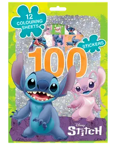 Disney Stitch aktivitetsbok med 12 målarblad och 100 klistermärken. Färgglada bilder av Stitch och Angel på framsidan, perfekt för barn och fans av karaktären.