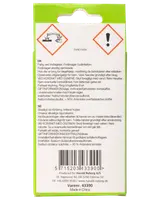 Bagside af rengøringsproduktpakke med advarsler, faresymboler, brugsanvisning, ingredienser, stregkode og producentoplysninger. Tekst på dansk og svensk. Grøn og hvid farve.