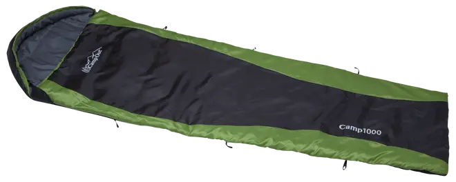 Mumieformet sovepose med grøn og sort yderside, hætte og "camp1000" mærkning. Ideel til udendørs camping, let og kompakt for nem transport og varme.
