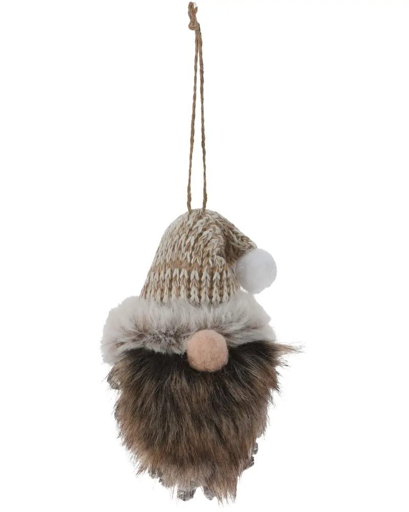 Mjuk tomteprydnad med brun stickad mössa, fuskpäls-skägg, rund näsa och upphängningssnöre. Perfekt för julgran eller heminredning. Mjuk och lekfull design.