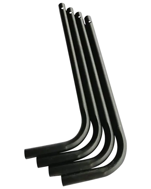 Sæt med fire sorte metalbordben i L-form, hver med forborede huller til montering. Holdbart, minimalistisk design velegnet til gør-det-selv-møbler eller udskiftning.