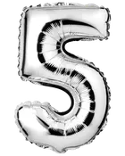 Stor sølvfarvet folieballon formet som tallet 5, med skinnende metalfinish og synlige samlinger, ideel til fødselsdage, jubilæer eller fester.