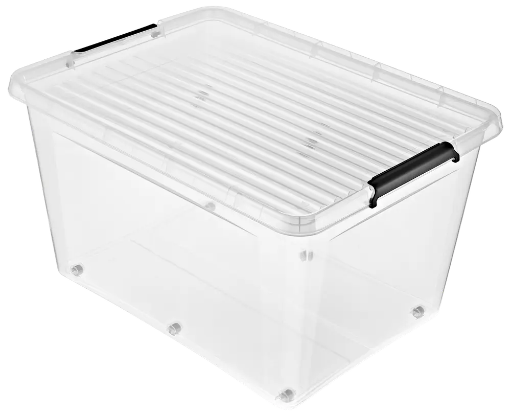 Gennemsigtig plastopbevaringsboks med rillet låg og sorte låsehåndtag. Rummelig, rektangulær form, ideel til opbevaring. Holdbar og stabelbar for effektiv pladsudnyttelse.