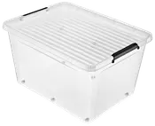 Gennemsigtig plastopbevaringsboks med rillet låg og sorte låsehåndtag. Rummelig, rektangulær form, ideel til opbevaring. Holdbar og stabelbar for effektiv pladsudnyttelse.