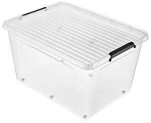 Gennemsigtig plastopbevaringsboks med rillet låg og sorte låsehåndtag. Rummelig, rektangulær form, ideel til opbevaring. Holdbar og stabelbar for effektiv pladsudnyttelse.