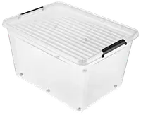 Gennemsigtig plastopbevaringsboks med rillet låg og sorte håndtag på siderne. Holdbar og stabelbar, ideel til opbevaring og organisering af forskellige genstande.