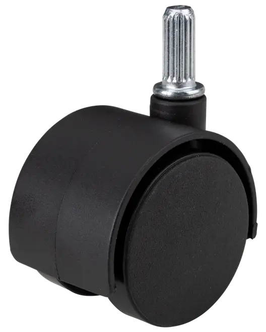Sort plastikhjul til kontorstol med metalstift til nem montering. Velegnet til glidende bevægelse på hårde gulve eller lavtæppet. Holdbar og passer til de fleste kontorstole.