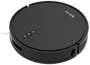 Sort, cirkulær robotstøvsuger med touch-knapper på toppen, sideventiler og et slankt, lavt design, ideel til automatisk gulvrengøring i hjemmet eller på kontoret.