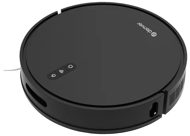 Sort, cirkulær robotstøvsuger med touch-knapper på toppen, sideventiler og et slankt, lavt design, ideel til automatisk gulvrengøring i hjemmet eller på kontoret.