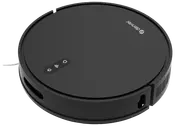Sort, cirkulær robotstøvsuger med touch-knapper på toppen, sideventiler og et slankt, lavt design, ideel til automatisk gulvrengøring i hjemmet eller på kontoret.