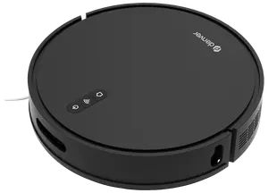 Sort, cirkulær robotstøvsuger med touch-knapper på toppen, sideventiler og et slankt, lavt design, ideel til automatisk gulvrengøring i hjemmet eller på kontoret.