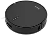 Sort, cirkulær robotstøvsuger med touch-knapper på toppen, sideventiler og et slankt, lavt design, ideel til automatisk gulvrengøring i hjemmet eller på kontoret.