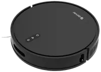 Svart, rund robotdammsugare med touchknappar på ovansidan, sidoventiler och låg profil, perfekt för automatisk golvrengöring i hem eller kontor.