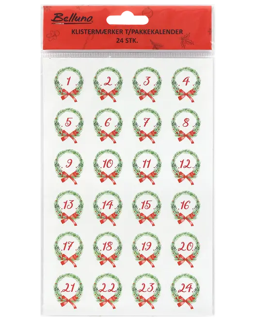 Ark med 24 julklistermärken, varje med numrerad krans och röd rosett. Perfekt för adventskalender eller presentetiketter. Röda siffror, fyra rader.