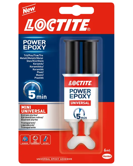 Loctite Power Epoxy Universal, 6 ml dobbelt-sprøjte lim, hærder på 5 minutter. Velegnet til træ, metal, sten, keramik og plast. Transparent, mini universal størrelse.