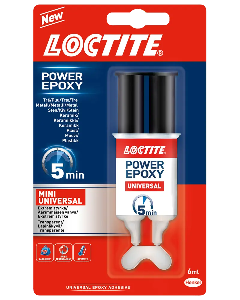 Loctite Power Epoxy Universal, 6 ml dubbelspruta, härdar på 5 minuter. Passar trä, metall, sten, keramik och plast. Transparent, mini universal storlek.