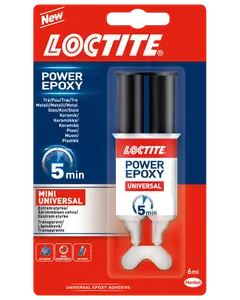 Loctite Power Epoxy Universal, 6 ml dobbelt-sprøjte lim, hærder på 5 minutter. Velegnet til træ, metal, sten, keramik og plast. Transparent, mini universal størrelse.