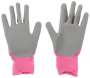 Arbetshandskar med grå gummibelagd handflata och fingrar, samt rosa ventilerande tygmudd. Ger bra grepp och skydd vid trädgårdsarbete eller lättare sysslor. En storlek passar de flesta.