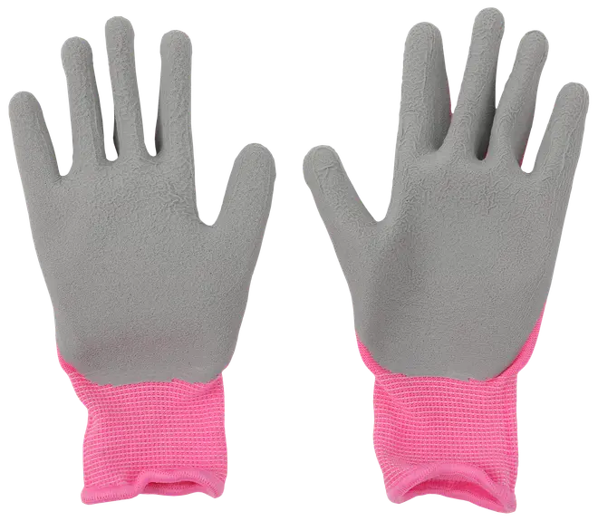 Arbetshandskar med grå gummibelagd handflata och fingrar, samt rosa ventilerande tygmudd. Ger bra grepp och skydd vid trädgårdsarbete eller lättare sysslor. En storlek passar de flesta.