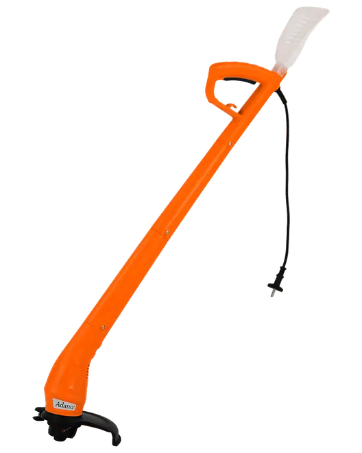 Elektrisk grästrimmer med långt orange handtag, ergonomiskt grepp och svart klipphuvud. Lätt design med sladd, passar för kanter och små gräsytor.