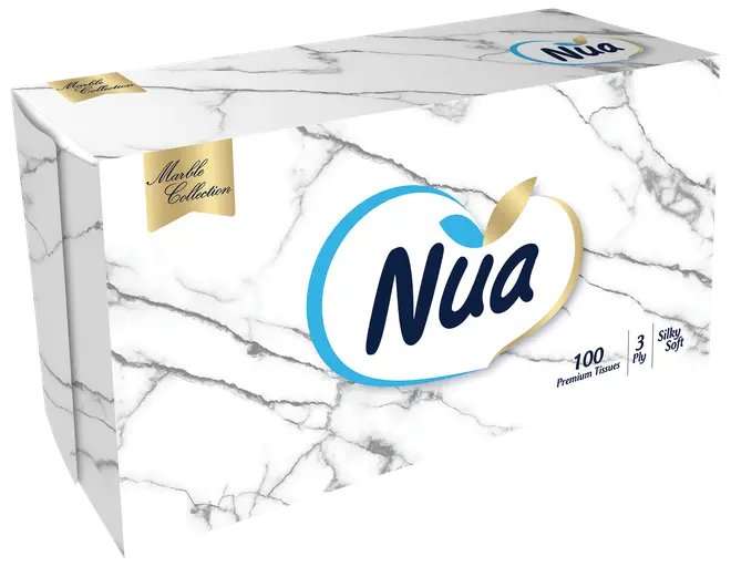 Æske med Nua Marble Collection lommetørklæder, 100 premium 3-lags, silkebløde, hvid æske med marmormønster og blå-guld logo, velegnet til hjem eller kontor.