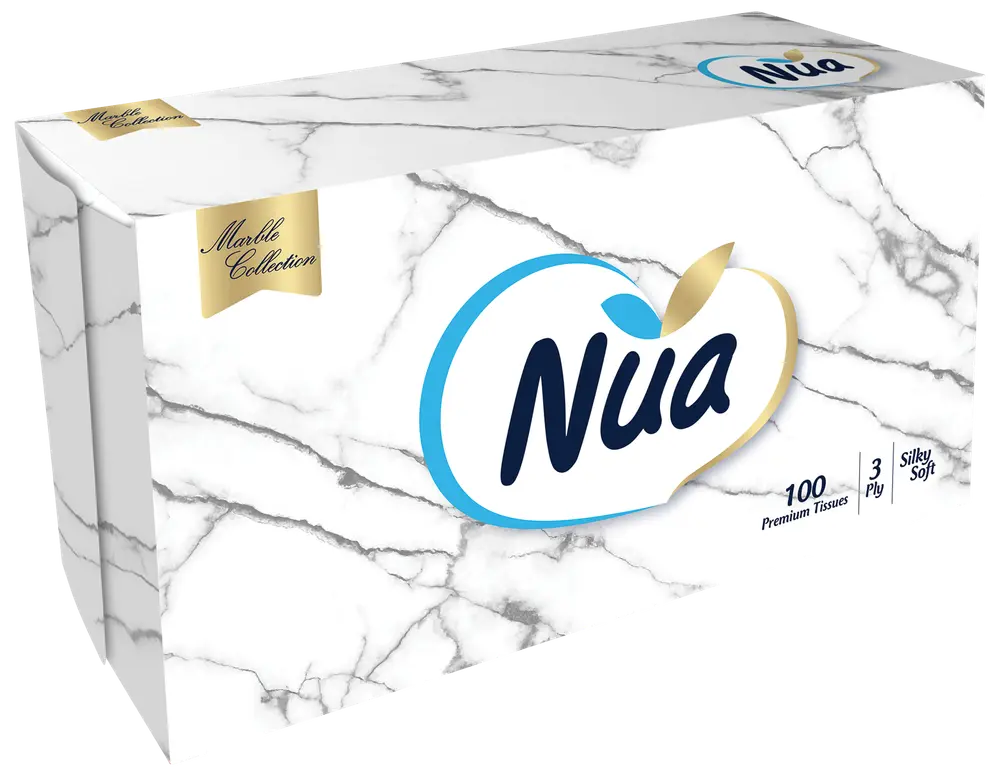 Nua Marble Collection näsdukslåda, 100 premium 3-lagers näsdukar, silkesmjuka, vit låda med marmormönster och blå-guld logotyp, passar hem eller kontor.