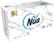 Æske med Nua Marble Collection lommetørklæder, 100 premium 3-lags, silkebløde, hvid æske med marmormønster og blå-guld logo, velegnet til hjem eller kontor.