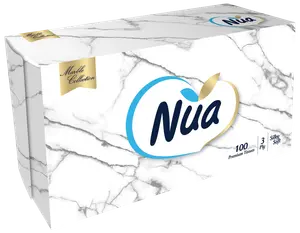 Nua Marble Collection näsdukslåda, 100 premium 3-lagers näsdukar, silkesmjuka, vit låda med marmormönster och blå-guld logotyp, passar hem eller kontor.