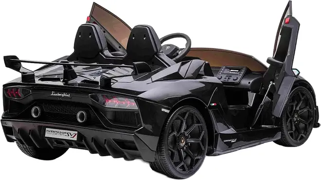Sort elbil til børn, designet som en Lamborghini Aventador, med to sæder, saksedøre, detaljerede baglygter, bagspoiler, instrumentbræt og realistiske hjul. Velegnet til børn.