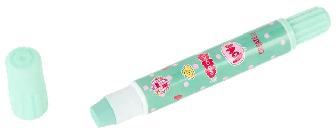 Lysegrøn tusch med søde tegneseriedesign og prikker på kroppen. Markeren har en matchende grøn hætte, vist fjernet, og et hvidt bånd nær spidsen.