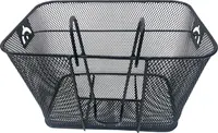 Rectangular black metal mesh basket with a sturdy frame, featuring two vertical support bars on the front for added strength. The basket has rounded corners and cut-out handles on each side for easy carrying or attachment. The mesh design allows for visibility and airflow, making it suitable for holding various items securely.