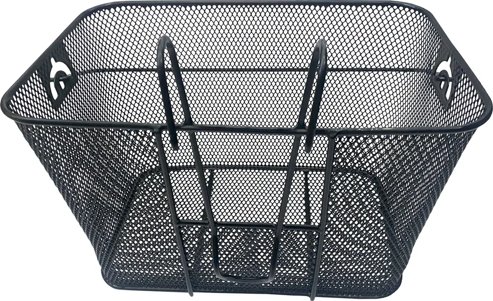 Rectangular black metal mesh basket with a sturdy frame, featuring two vertical support bars on the front for added strength. The basket has rounded corners and cut-out handles on each side for easy carrying or attachment. The mesh design allows for visibility and airflow, making it suitable for holding various items securely.
