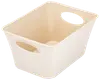 Rektangulær beige plastkurv med afrundede hjørner og to ovale udskårne håndtag på modsatte sider. Glat overflade, ideel til opbevaring af husholdningsartikler eller vasketøj.