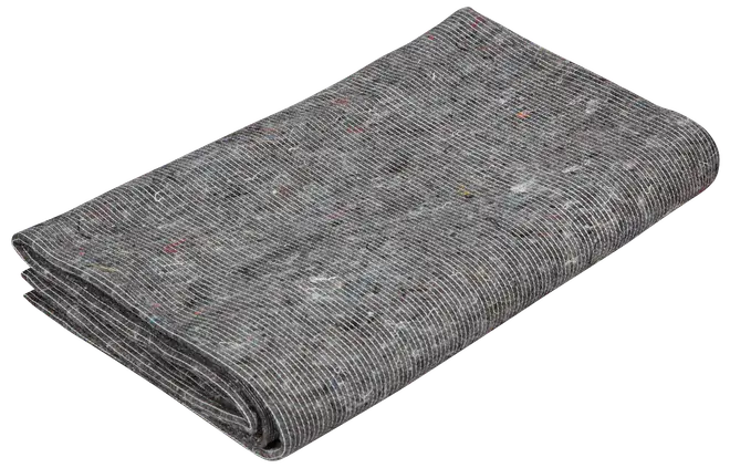 Vikt grå skyddsduk med vita ränder och färgade fibrer, tillverkad av återvunnet material. Perfekt för flytt, möbelskydd eller renovering.