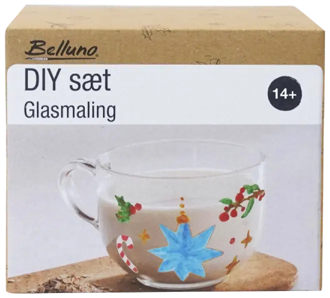 DIY-set för glasfärgning, 14+, innehåller ett klart glas med festliga motiv som blå stjärna, polkagris, järnek och gulddetaljer. Presentförpackad.