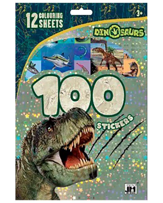 Dinosaurieklistermärkesbok med 12 färgläggningssidor och 100 klistermärken, med T. rex på omslaget.
