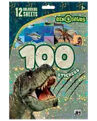 Dinosaurieklistermärkesbok med 12 färgläggningssidor och 100 klistermärken, med T. rex på omslaget.
