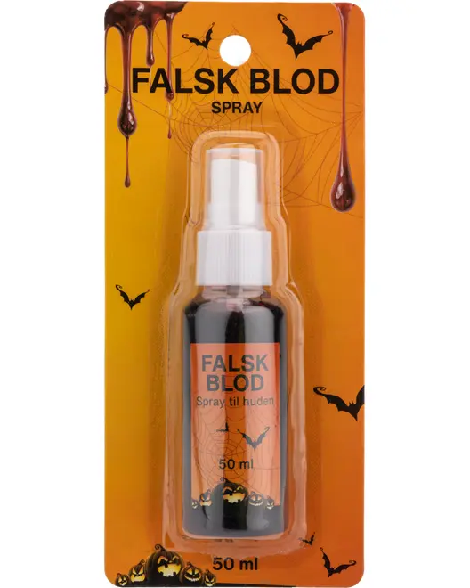 Sprayflaske med falsk blod, 50 ml, hvid dyse. Pakket på orange Halloween-karton med flagermus, spindelvæv og bloddråber. Velegnet til brug på huden.