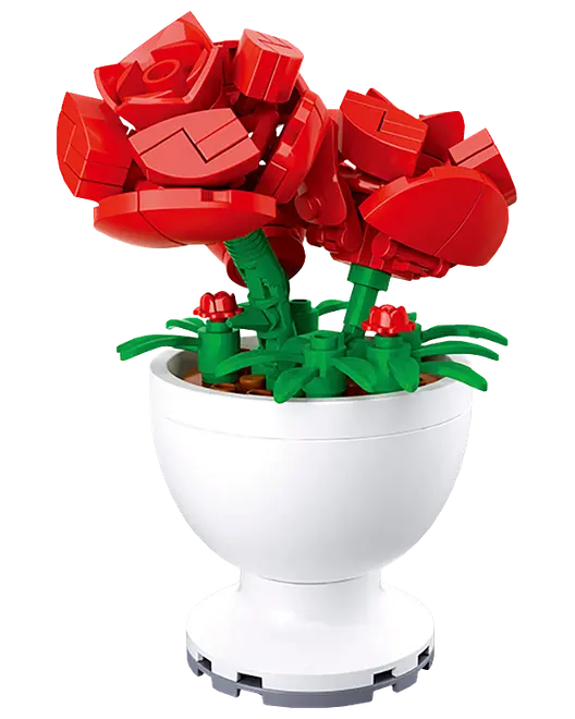 LEGO-liknande röd rosbukett med gröna stjälkar och blad i en vit piedestalvas.