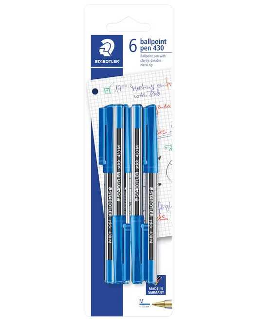 Förpackning med 6 Staedtler kulspetspennor, modell 430, blå korkar och spetsar, medium spets (1,0 mm), hållbar metallspets, passar för dagligt skrivande, tillverkad i Tyskland.