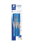 Förpackning med 6 Staedtler kulspetspennor, modell 430, blå korkar och spetsar, medium spets (1,0 mm), hållbar metallspets, passar för dagligt skrivande, tillverkad i Tyskland.