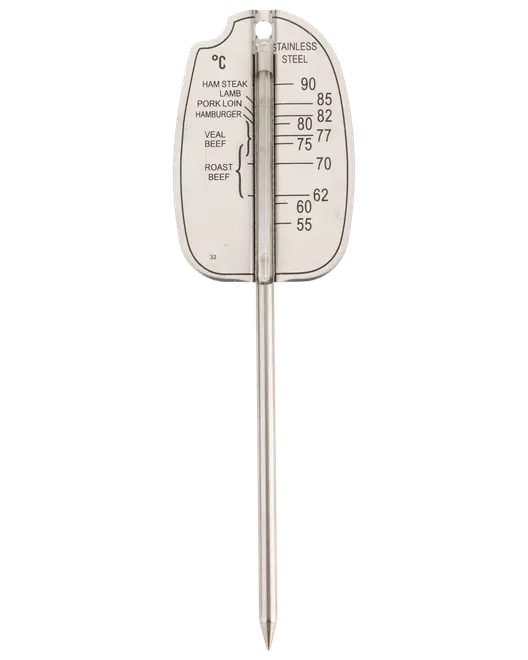 Kötttermometer i rostfritt stål med Celsius-skala och märkning för olika köttsorter. Lång sond, tydlig och hållbar display för exakt matlagning.