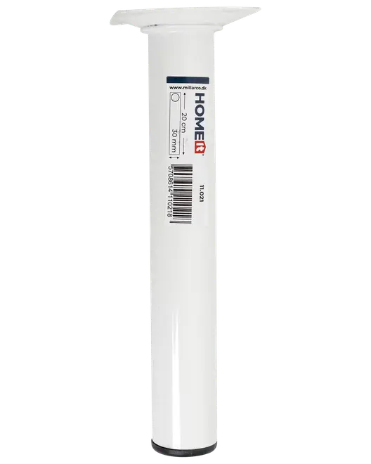 Hvidt plastikbordben, cylindrisk form, med flad monteringsplade øverst. Måler 20 cm i højden og 30 mm i diameter. Velegnet til møbelstøtte.