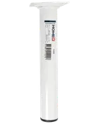 Hvidt plastikbordben, cylindrisk form, med flad monteringsplade øverst. Måler 20 cm i højden og 30 mm i diameter. Velegnet til møbelstøtte.