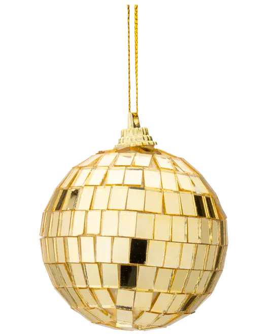 Guld diskokugle ornament med reflekterende firkantede fliser, kugleformet og med gylden ophængssnor. Perfekt til juletræet eller festlig dekoration, giver et glamourøst udtryk.