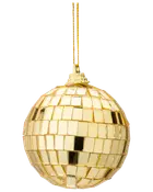 Guld diskokugle ornament med reflekterende firkantede fliser, kugleformet og med gylden ophængssnor. Perfekt til juletræet eller festlig dekoration, giver et glamourøst udtryk.