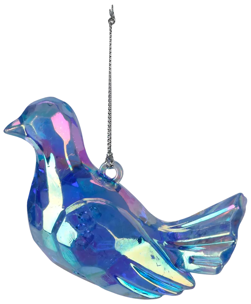 Iridescerande blått glasfågelprydnad med fasetterad yta och silverfärgad hängtråd. Dekorativ för julgran eller hem. Reflekterar ljus i lila och gula nyanser.